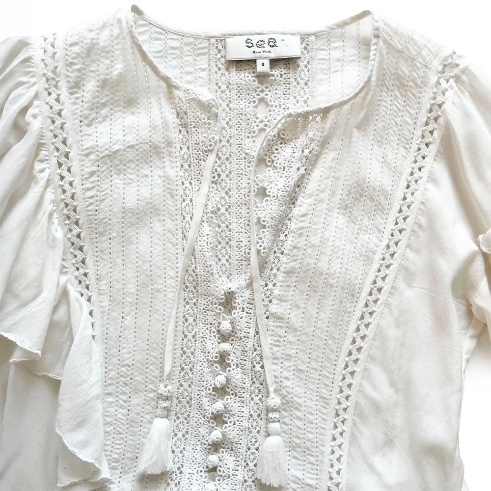 Sea New York Tie Neck Mini Dress White Size 4 Ruffle, Pom-Pom & Tassel Accents - Picture 3 of 14